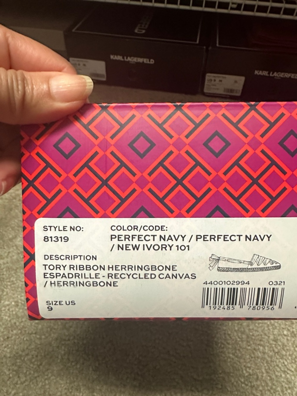 Tory Burch Perfect Navy and New Ivory Ribbon Espadrille Box Label